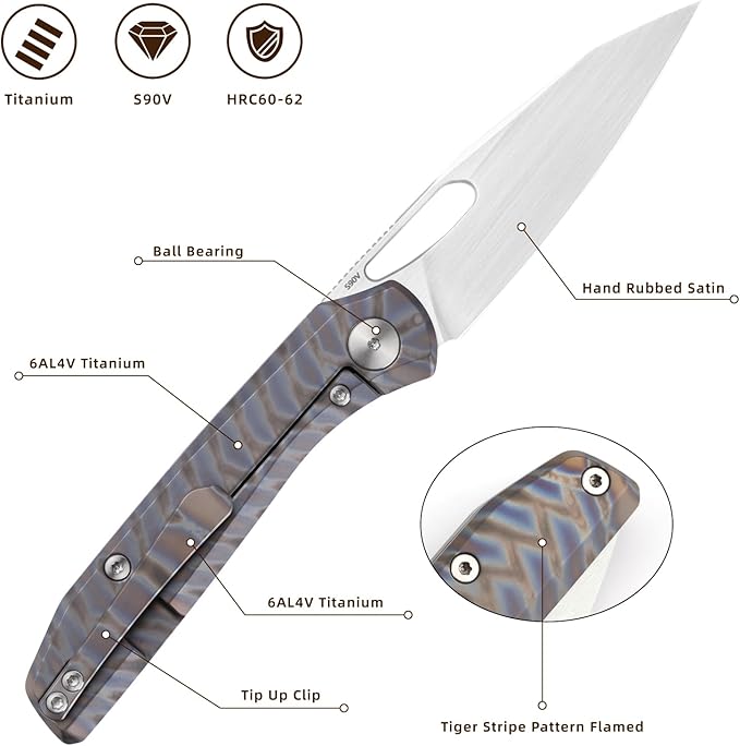 Folding Pocket Knife 3.23 S90V Blade EDC Knife with Titanium Handle Small Pocket Knife with Clip and Frame Lock Sharp Camping Hiking Hunting Survival Knives for Men（Colourful）