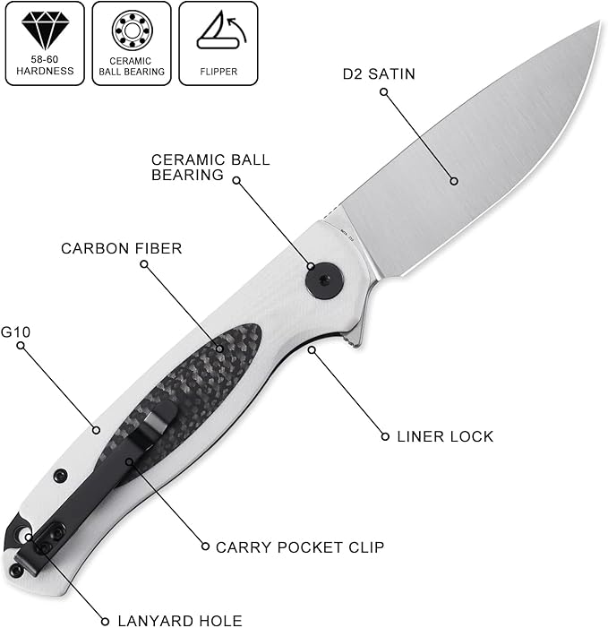 Petrified fish PFB03 Stamp Pocket Knife 3.58 D2 Satin Blade 4.79 oz G10 Handle Flipper Liner lock Folding Knife (White &amp Satin)
