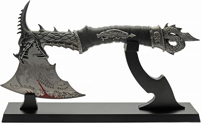 14.5 Underworld Dragon Camping EDC Fantasy Decorative Hatchet Knife Etched Stainless Steel Blade Abs Dragon Shaped Handle Decorative Guard and Pommel with Wooden Stand