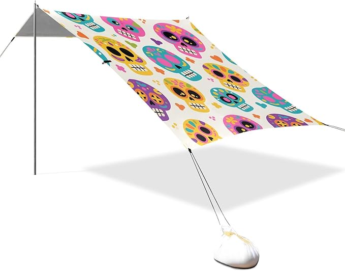 ALAZA Skull Light Yellow Background Pattern Beach Tent Sun Shelter Portable Canopy Sunshade for Outdoor Camping Picnics Backyard Fun 10x9 ft