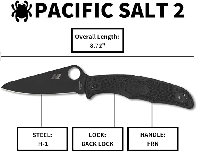 Spyderco Pacific Salt 2 Lightweight Knife with 3.78 Corrosion Resistant H-1 Steel Blade and Black Non-Slip FRN Handle