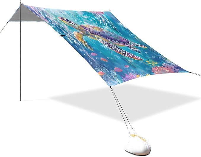 ALAZA Watercolor Turtle Jellyfish Coral Beach Tent Sun Shelter Portable Canopy Sunshade for Outdoor Camping Picnics Backyard Fun 10x9 ft