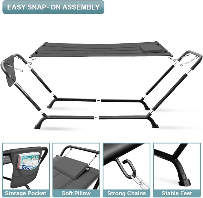 Sorbus Cozy Hammock Bed- Patio Hammock with Stand w/Pillow and Storage Pockets- Heavy Duty 500lbs Support- Durable Outdoor Hammock- For Patio Garden Backyard Poolside- Weather Resistant Outdoor Bed