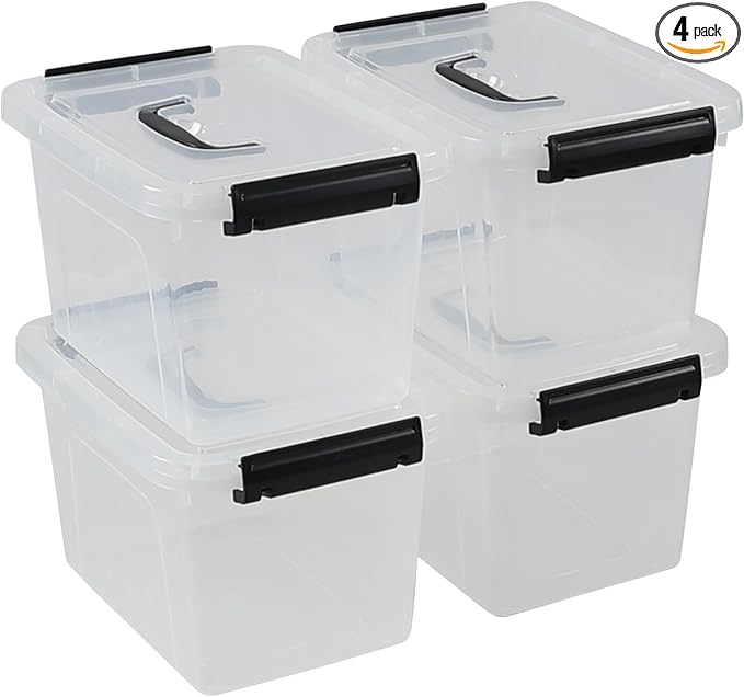 6 Quart Clear Organizer Bin with Lid Set of 4 Plastic Latching Storage Box