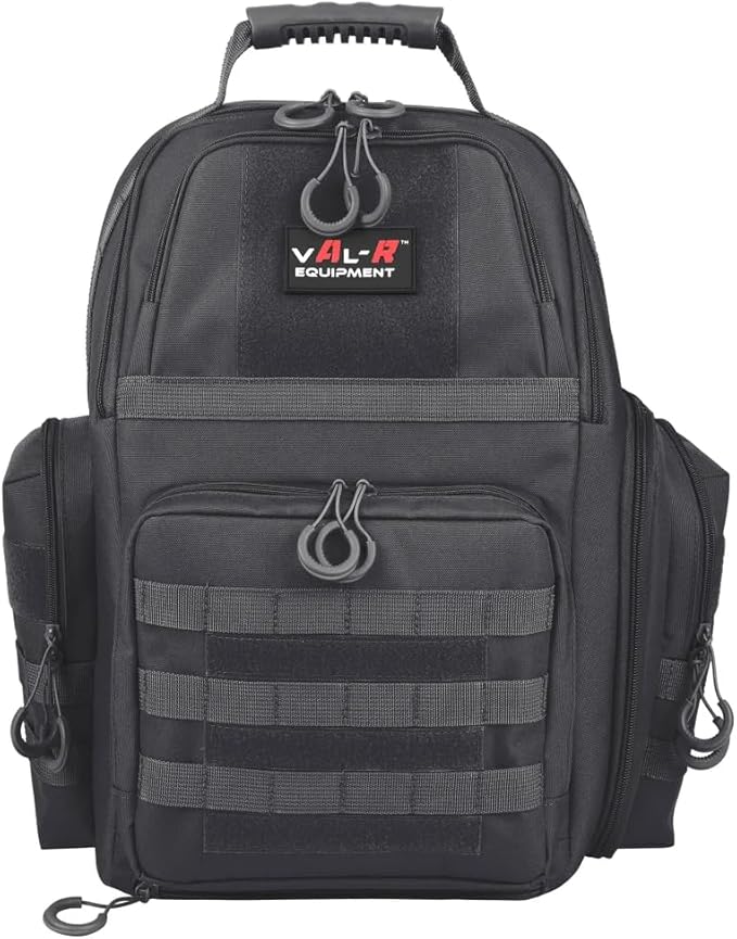 Val-R Tactical Pistol Range Backpack - Heavy Duty Shooting Range Bag with Internal Frame Multi-Pistol Storage Integrated Rain Cover and Lockable Zippers for Handguns and Ammo - Color: Black