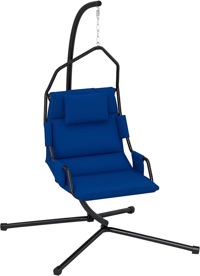 Outsunny Hammock Chair with Stand Hammock Swing with PA Coating Oxford Fabric Cushion Indoor Outdoor Hanging Chair with Chain Steel Frame for Bedroom Patio Balcony Dark Blue