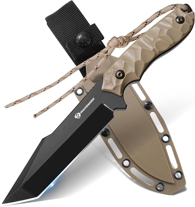 DRACHENADER B-ER-TANTO POINT Fixed Blade Tanto Knife with Sheath 5cr14mov Steel 9.29 Tactical Knife for Men with Full Tang Design Khaki