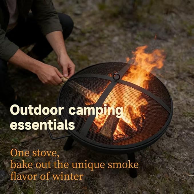 23inch Portable Fire Pit with Fire Poker and Spark Screen 2 in 1 Small Round Outdoor Fireplace for Outside Heating Bonfire Party Camping Backyard Patio Garden RV Trip