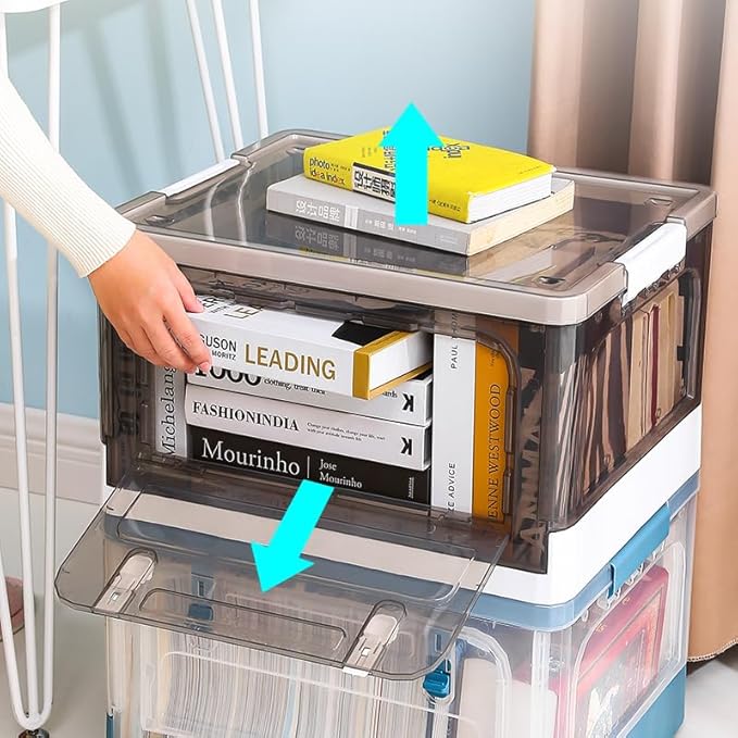 Storage BinsClear Plastic Folding Storage Box with Lid with Wheels Stackable Plastic Box For Home Dorm and Office Organization Fabric Toys Books Snacks Bottles (50 Quarts White)
