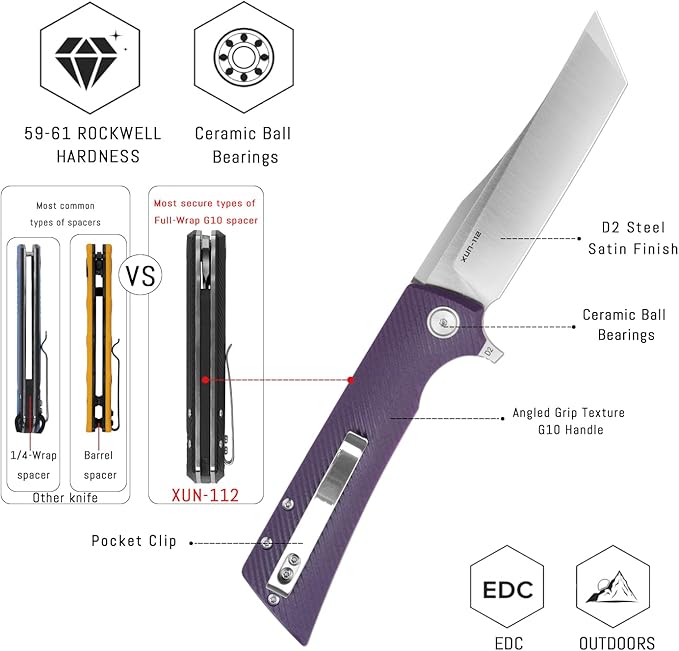 3.55 Folding Pocket knife with Clip D2 Flipper Blade with G10 For EDC Camping Outdoor Men/WomenXUN112-PGS（Satin Tanto）