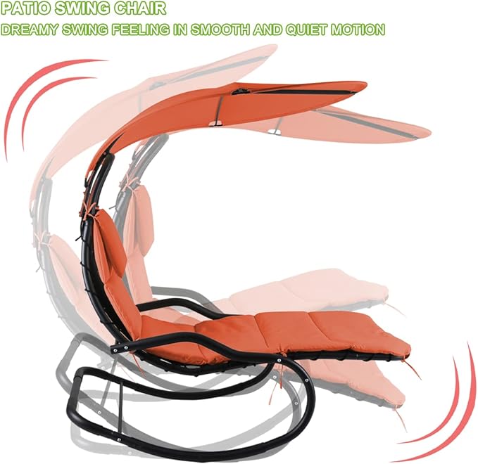 Outdoor Hammock Rocking Chaise Lounge Swing Chair with Stand and Canopy Porch Swing w/Soft Cushion Removable Headrest Outdoor Recliner Rocking Chair for Garden Backyard Poolside (Orange)