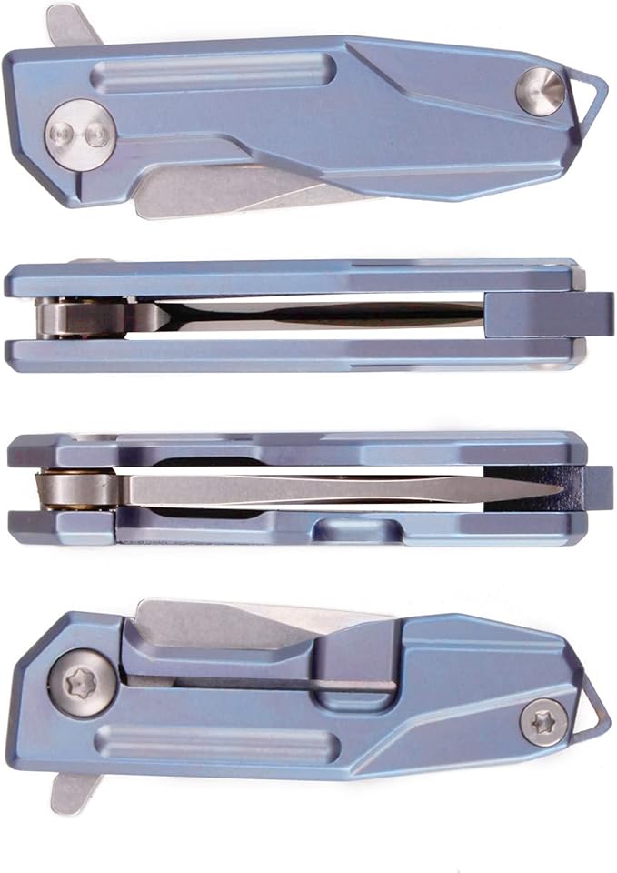 Samior HY002 Ultra Small Little Folding Pocket Flipper Knife 1.3” D2 Damascus Blade Blue Titanium Handle with Frame Lock Mini EDC Keychain Necklace Knives (Blue)