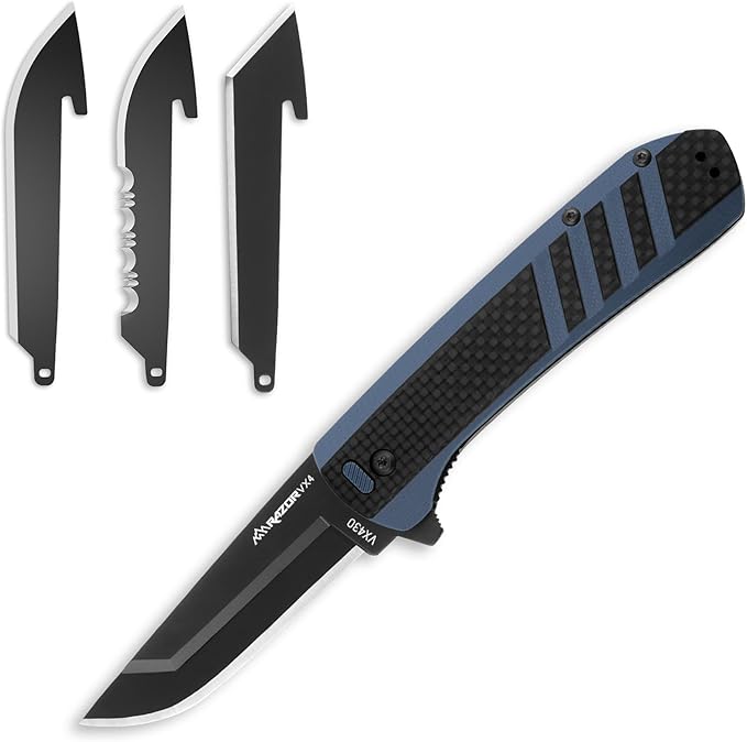 OUTDOOR EDGE Razor VX4 | Carbon Fiber Over Blue G10 with Black Drop Point | Replaceable Blade EDC Folding Pocket Knife | 3 Blade Ceramic Ball Bearings Reversible Pocket Clip