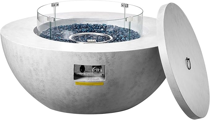 VEVOR Propane Fire Pit Outdoor Concrete Gas Fire Pit 39 in Tabletop with Lava Rocks LidRain CoverAdjust Flame Height Camping Firepit for Heating Lighting 50000 BTU