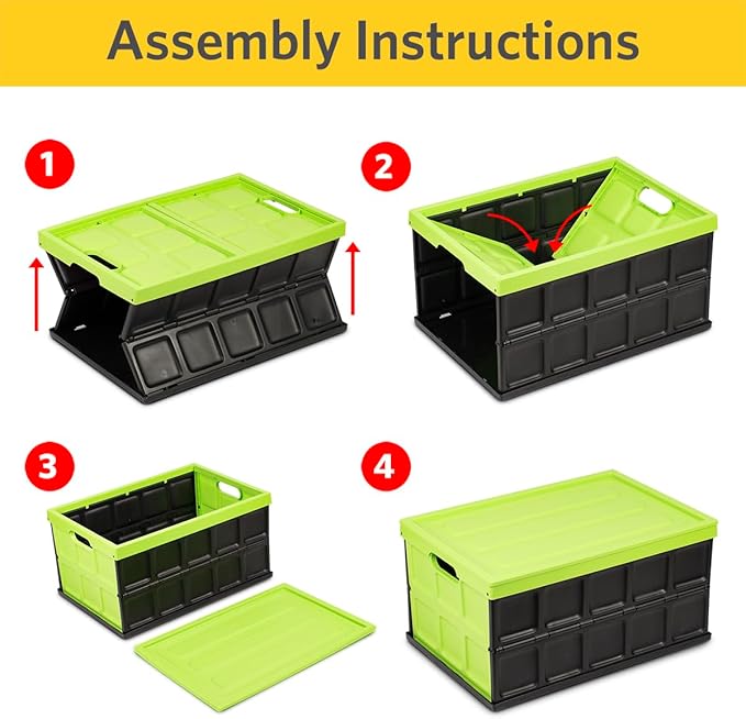 Glad Collapsible Storage Bin with Lid - 48L Foldable Plastic Box for Garage Car Trunk and Organization - Stackable Lidded Container with Handles Green