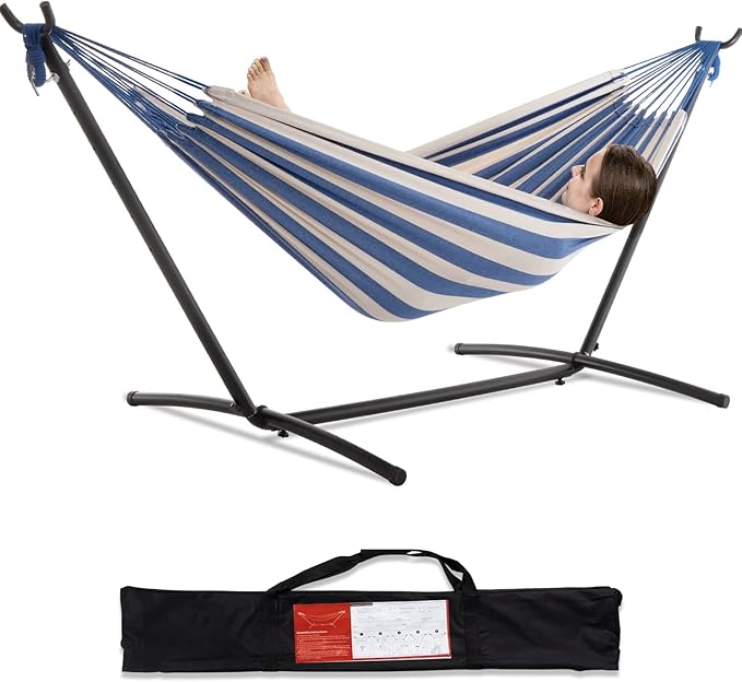 PNAEUT Double Hammocks with Stand for Outside Portable Space Saving Heavy-Duty Steel Stand for Indoor Outdoor Patio with Carrying Bag 450 lbs Capacity (Sky)