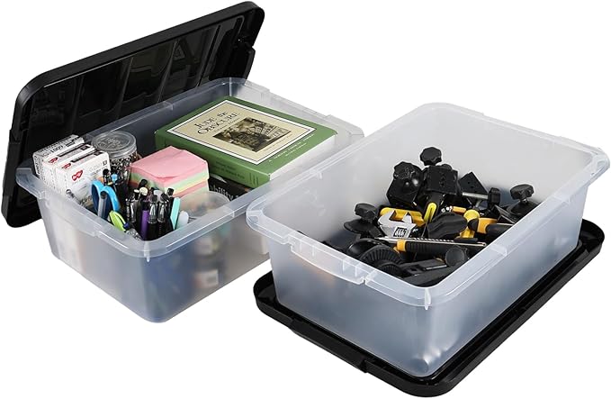 14 Quart Clear Plastic Storage Bins with Black Latching Lid 2-Pack Plastic Stackable Organizer Boxes