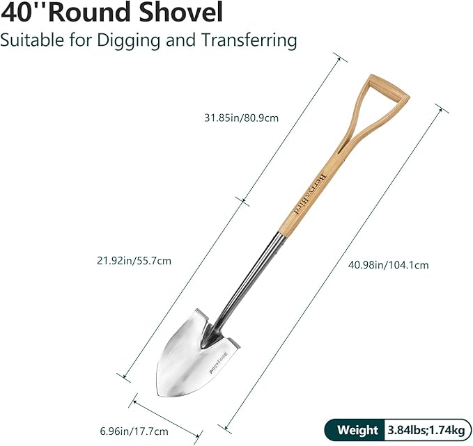 Berry&ampBird Round Point Gardening Shovel with Wood D-Handle 40.98 Stainless Steel Beach &amp Snow Shovel