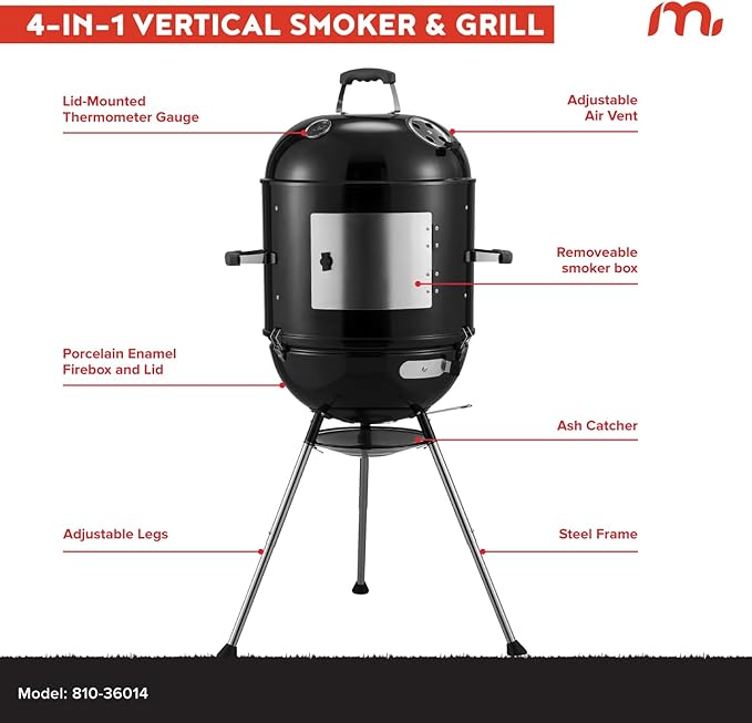 Megamaster Vertical 18 Inch Charcoal BBQ Smoker 4-in-1 Portable Outdoor Grill with Adjustable Air Vent 600 SQ. In Cooking Area Built-in Temperature Gauge BBQ Grill for Camping Picnics - 810-36014
