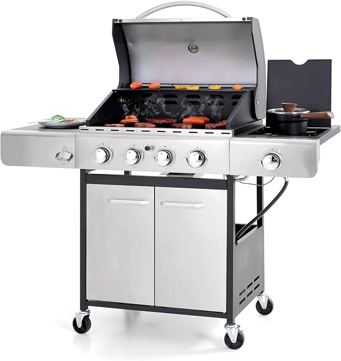 Sophia &amp William 4-Burner Propane Gas BBQ Grill with Side Burner and Porcelain-Enameled Cast Iron Grates Stainless Steel Barbecue Grills Outdoor Cooking Silver Cabinet Style 42000BTU