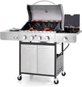 Sophia &amp William 4-Burner Propane Gas BBQ Grill with Side Burner and Porcelain-Enameled Cast Iron Grates Stainless Steel Barbecue Grills Outdoor Cooking Silver Cabinet Style 42000BTU