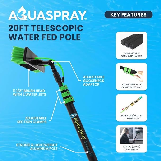 20 Feet Long Reach Solar Panel Cleaning Brush with Inline Water Filter Telescopic Extendable for Roof Mounted Solar Panel and Window Cleaning: Water Fed Pole Cleaning Kit
