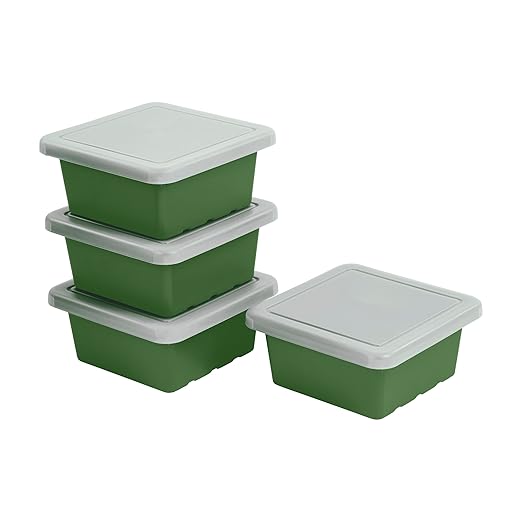ECR4Kids Stackable Square Bins with Non-Snap Lids Multipurpose Organization Hunter Green 4-Pack