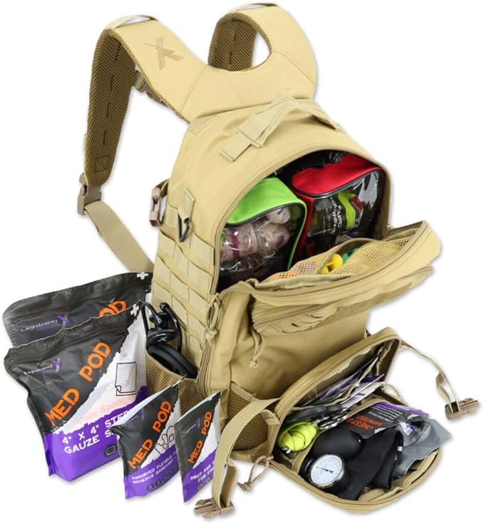 Lightning X Stocked Modular Trauma &amp Bleeding First Aid Responder Medical Backpack + Kit - TAN