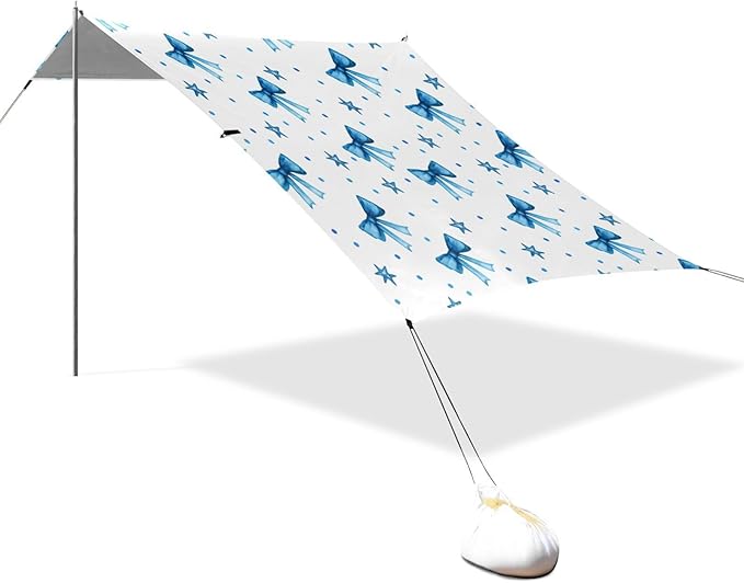 xigua Blue Bows Tie Beach Tent Sun Shelter with Carrying Bag - Silver Coated Oxford Fabric Beach Canopy for Beach Camping Fishing - Includes Windproof Ropes Sandbags &amp Stakes