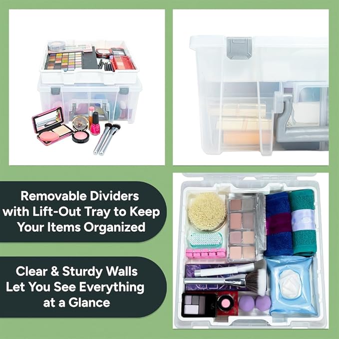 Best Kept Super Satchel Double Deep with Lift-Out Tray and Removable Dividers Stackable Home Storage Organization Container Clear with Sliver Latches and Handle