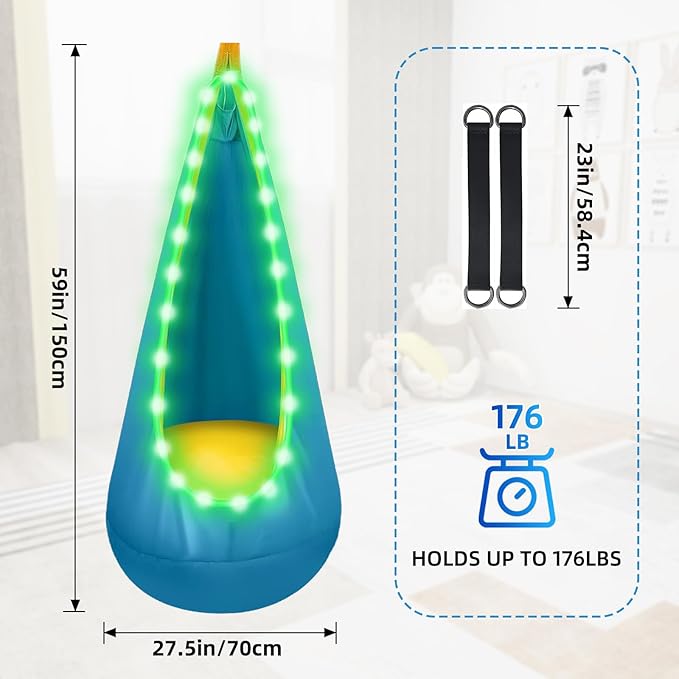 Light Up Swing Chair Hammock Chair Indoor Outdoor for Kids Pod with LED Lights Soft and Safe 176 lb. Load Capacity Easy Installation Perfect for Bedroom Garden and Playroom (Light Blue)