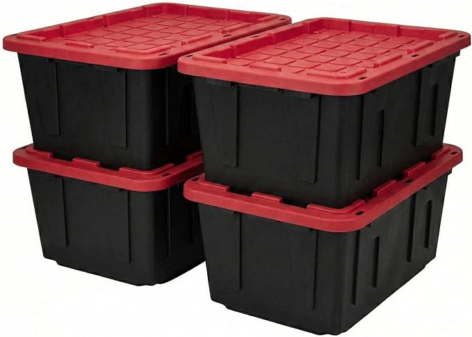 27 Gallon Storage Bin with Lid Heavy Duty Plastic Storage Tote Black and Red Stackable Storage Container for Indoor Outdoor Use Plastic Totes with Lids for Storage (4 Pack)