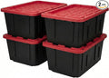 27 Gallon Heavy-Duty Storage Totes with Secure Snap Lids 4-Pack Stackable Plastic Bins for Garage Basement Attic Organization - Black Base &amp Red Lid Lockable Design for Indoor/Outdoor Use (4 P