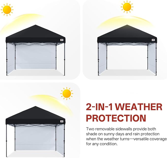 ABCCANOPY Easy Pop up Canopy Tent with 2 Sidewalls for Outdoor Sun Blocking or Rain Protection10x10 Black
