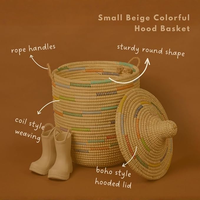 Small Laundry Basket Colorful Pattern on Beige 12 Wide 14 Tall