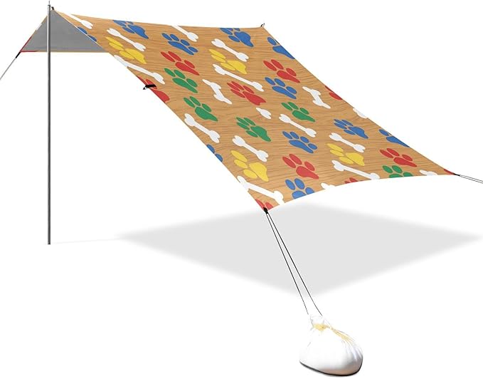 xigua Paw Print Beach Tent Sun Shelter with Carrying Bag - Silver Coated Oxford Fabric Beach Canopy for Beach Camping Fishing - Includes Windproof Ropes Sandbags &amp Stakes
