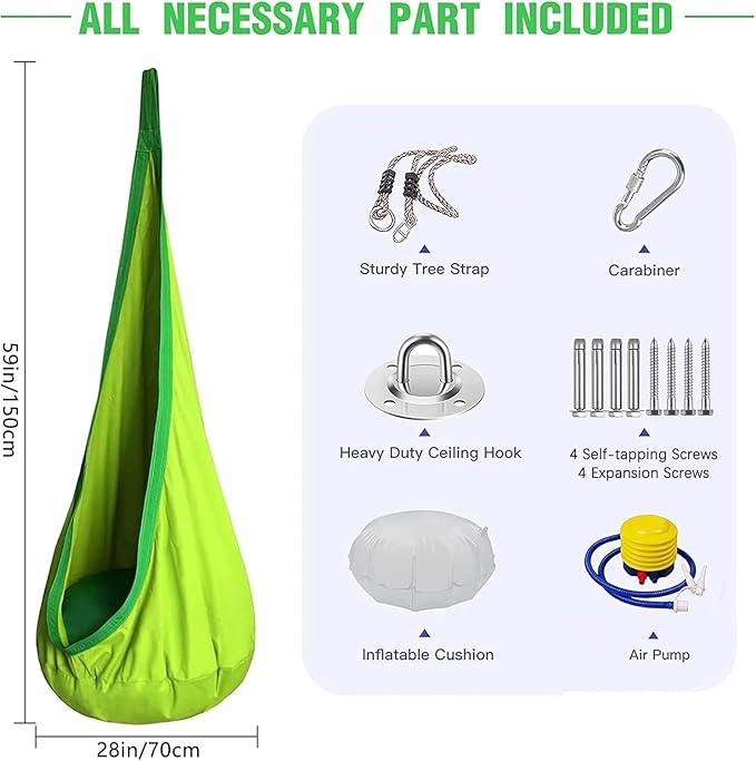 TOPIND Kids Hanging Pod Swing ChairChild Hammock Chair for Indoor and OutdoorSwing Chair with Inflatable Pillow and All Accessories Easy to Hang Comfortable NestGirls and Boys(Green)