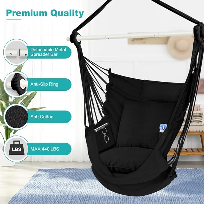 Outerman Hammock Chair Hanging Chair with 3 Cushions and Foot Rest Support Sturdy Metal Spreader Bar Max 500Lbs Swing Chair for Bedroom Indoor &amp Outdoor Patio Porch or Tree（Black）…