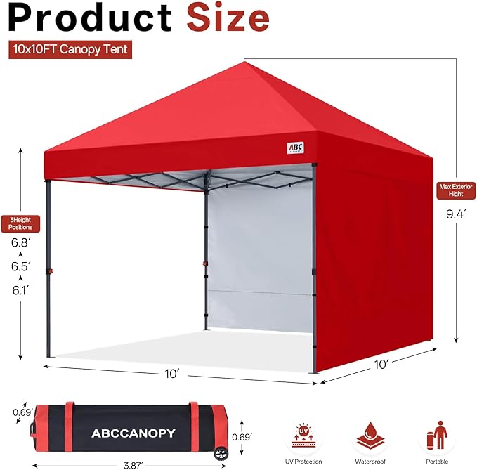 ABCCANOPY Easy Pop up Canopy Tent with 2 Sidewalls for Outdoor Sun Blocking or Rain Protection10x10 Red