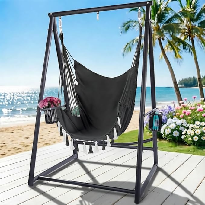 YOXIFOC Reinforced Base &amp Triangular Structure Hammock Stand with 2 Storage Baskets Swing Stand with 3 Hooks Fit for Most Hanging Chair for Oudoor&ampIndoor (with Chair) (Black)