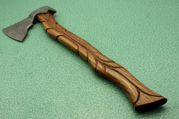 20 Inches Long Damascus Steel Tomahawk Axe Engraved Rose Wood Handle Bearded Hiking Battle Axe Hand Forged Damascus Steel Head Thick Cow Hide Leather Sheath