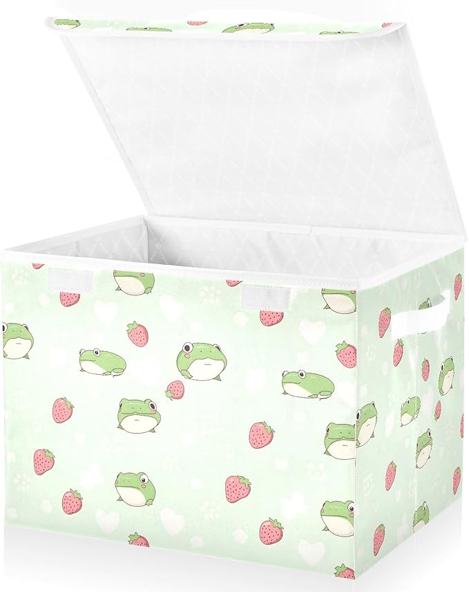AIXIWAWA Lidded Storage Cube (Strawberry Frog) Fabric Foldable Closet Bins with Flip Lid and Handles Organizer Basket Container 16.5 x 12.6 x 11.8 IN