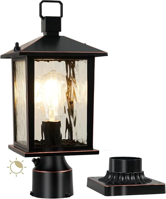 Dusk to Dawn Outdoor Post Light Hardwired Oil-Rubbed Bronze Pole Lantern with Pier Mount Base Water Ripple Glass 17'' Waterproof Lamp Post Light Fixture for Driveway Pathway Yard