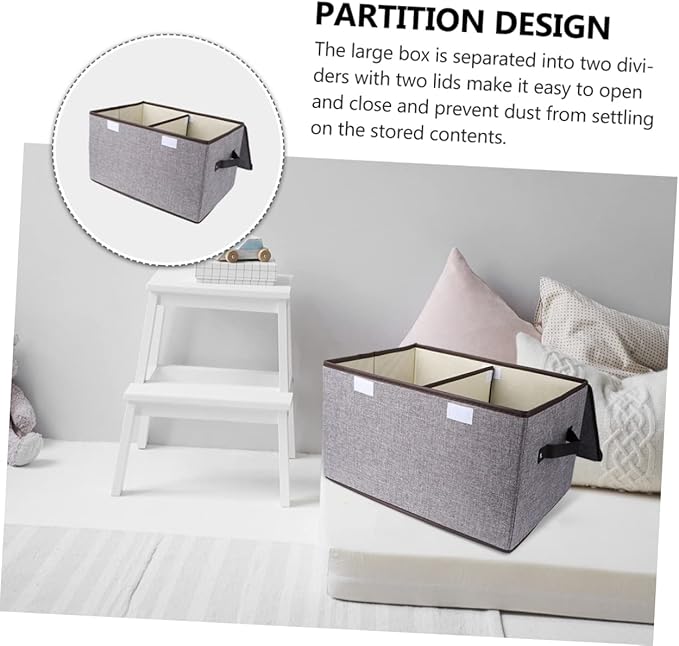 Levemolo Foldable Storage Bin Double Lids and Handles for Organizing Books Crafts Toys and More Grey Cotton Linen Storage Box for Home and Office Use