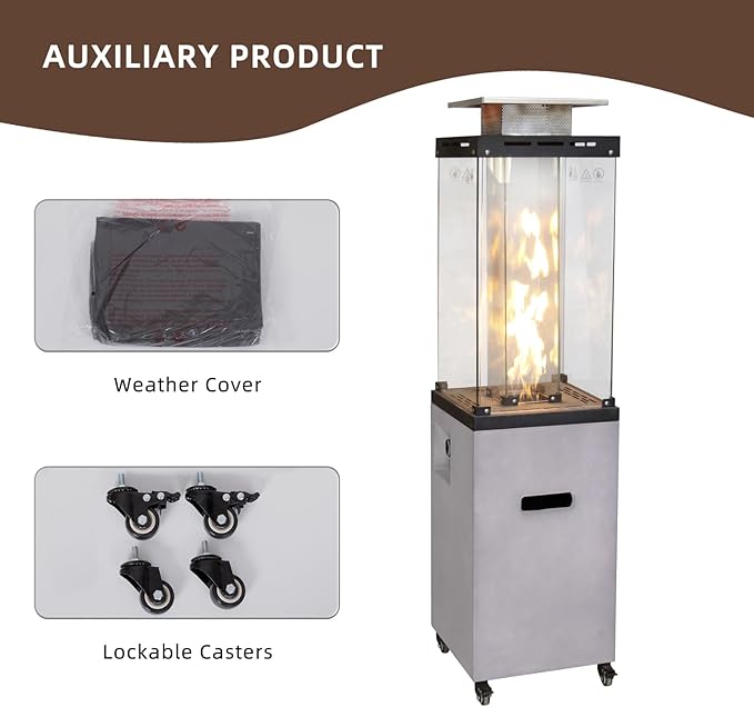 Afterglow Outdoor Patio Propane Fire Heater with Weather Cover Glass 41000 BTU Fireplace Patented &amp CSA Certificated Cement Gray