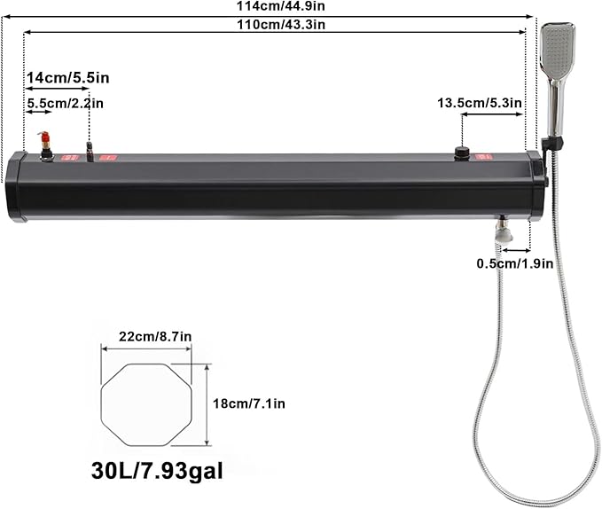 Roof Rack Water Tank Solar Shower Shower Head and Hose Set 4.8/5.3/7.9 Gallon Tank Portable Shower for Camping Water Storage and Outdoor Activities(114x22x18cm)