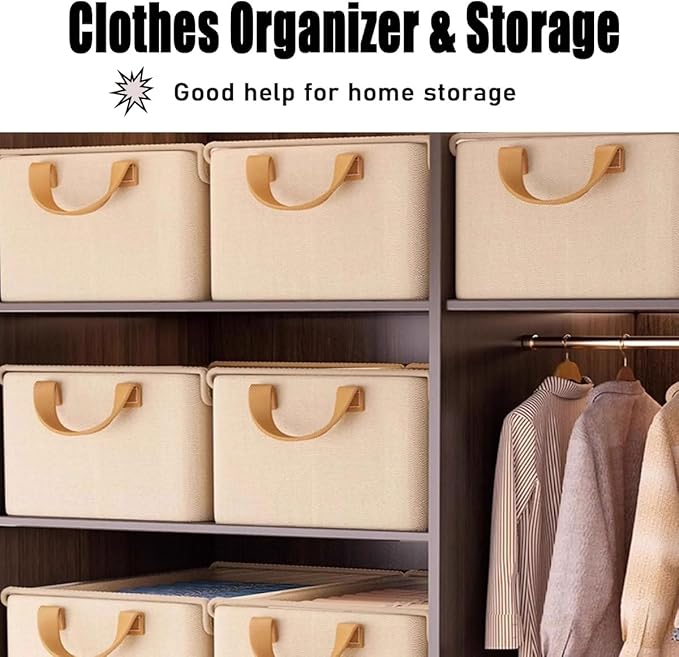 4PCS Foldable Storage Box with Lid - Extra Large Fabric Closet Organizer for Clothes 18.5x11x7.9 Inch Canvas Bin Collapsible Design for Bedroom Shelf Closet Underbed (Beige)
