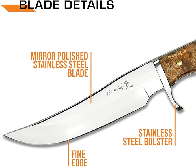 Elk Ridge - Fixed Blade Knife 9.5-in Overall Satin Finish Stainless Steel Blade 2 Tone burl Wood Handle Genuine Leather Sheath Hunting Camping Survival