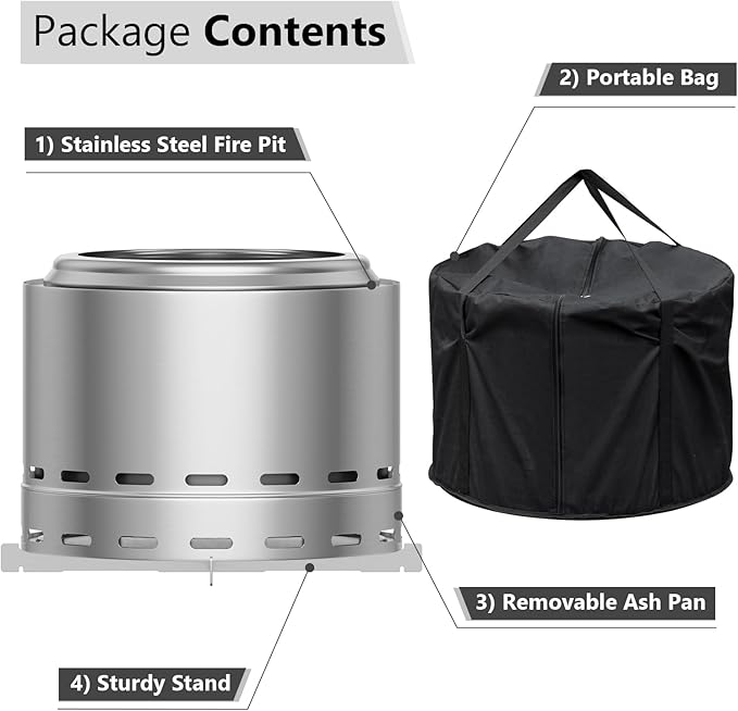 ROOMTEC 19.5 Smokeless Fire Pit Portable Wood Burning Firepit with Stand and Bag Easy Clean Bonfire with Removable Ash Pan Low Smoke Fireplaces for Camping Patio and Outside
