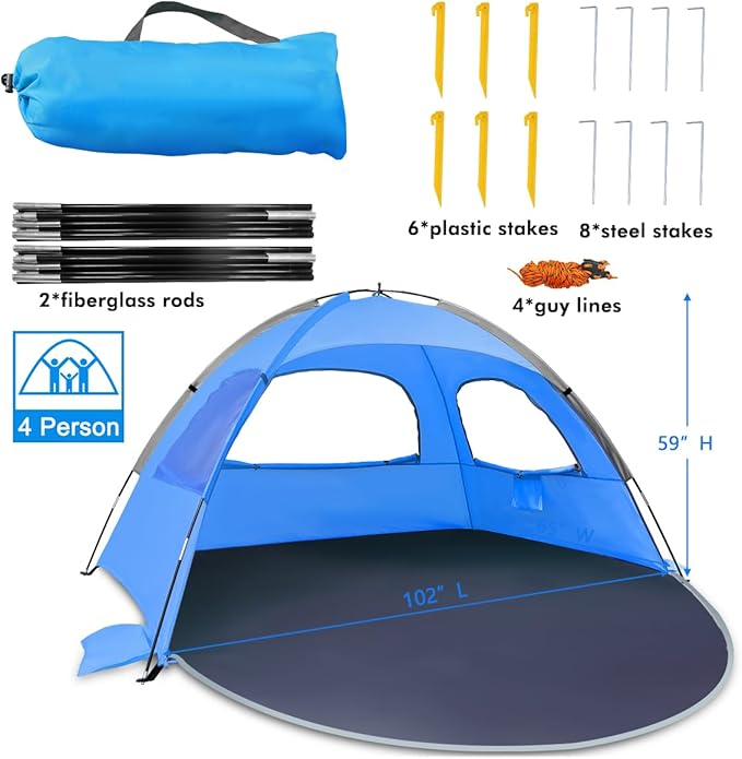 NXONE Beach Tent Sun Shelter with UPF 50+ UV Protection Lightweight Easy Setup Portable Beach Canopy for Family Large Space for Beach Camping &amp Outdoor 3/4/6 Person
